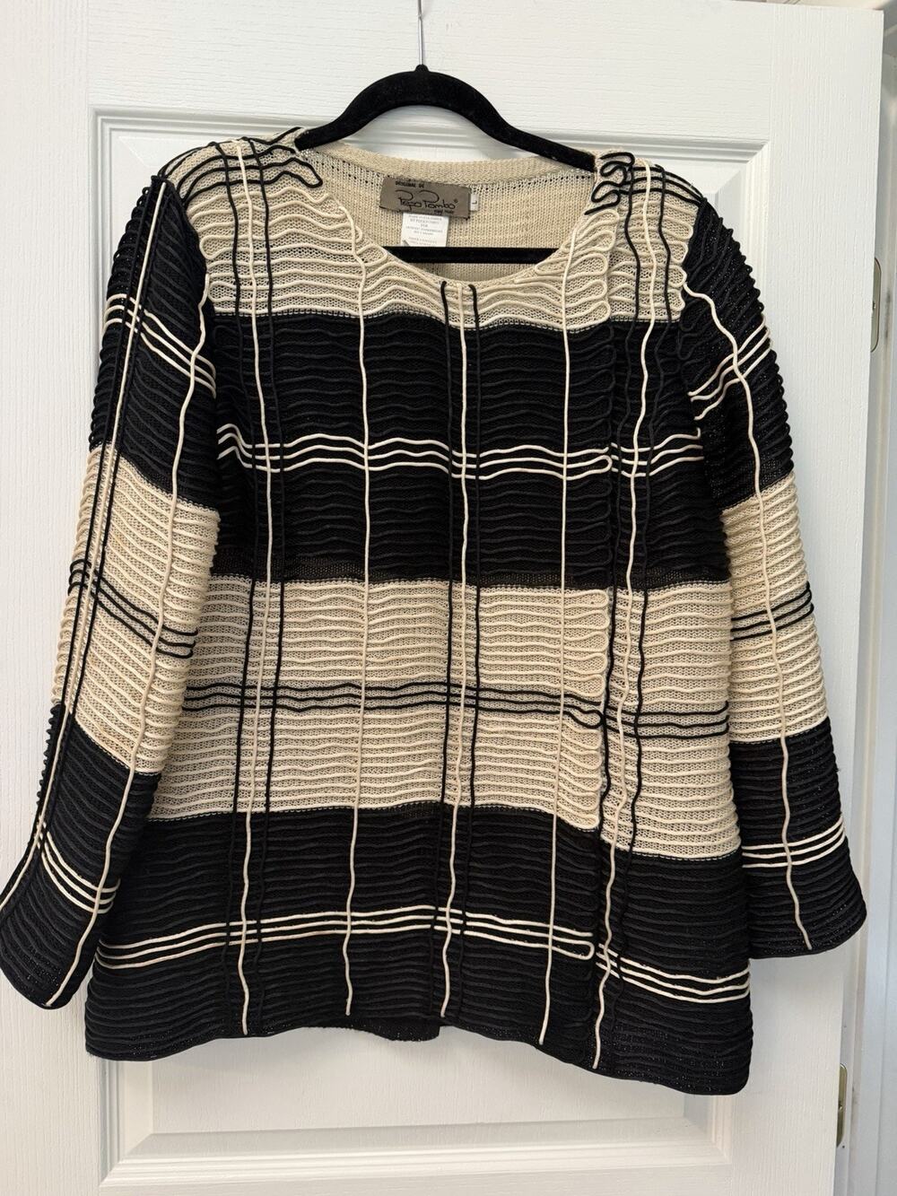 VTG Pepa Pombo Black Ivory Handmade Embroidered Knit Cardigan Jacket L Colombia